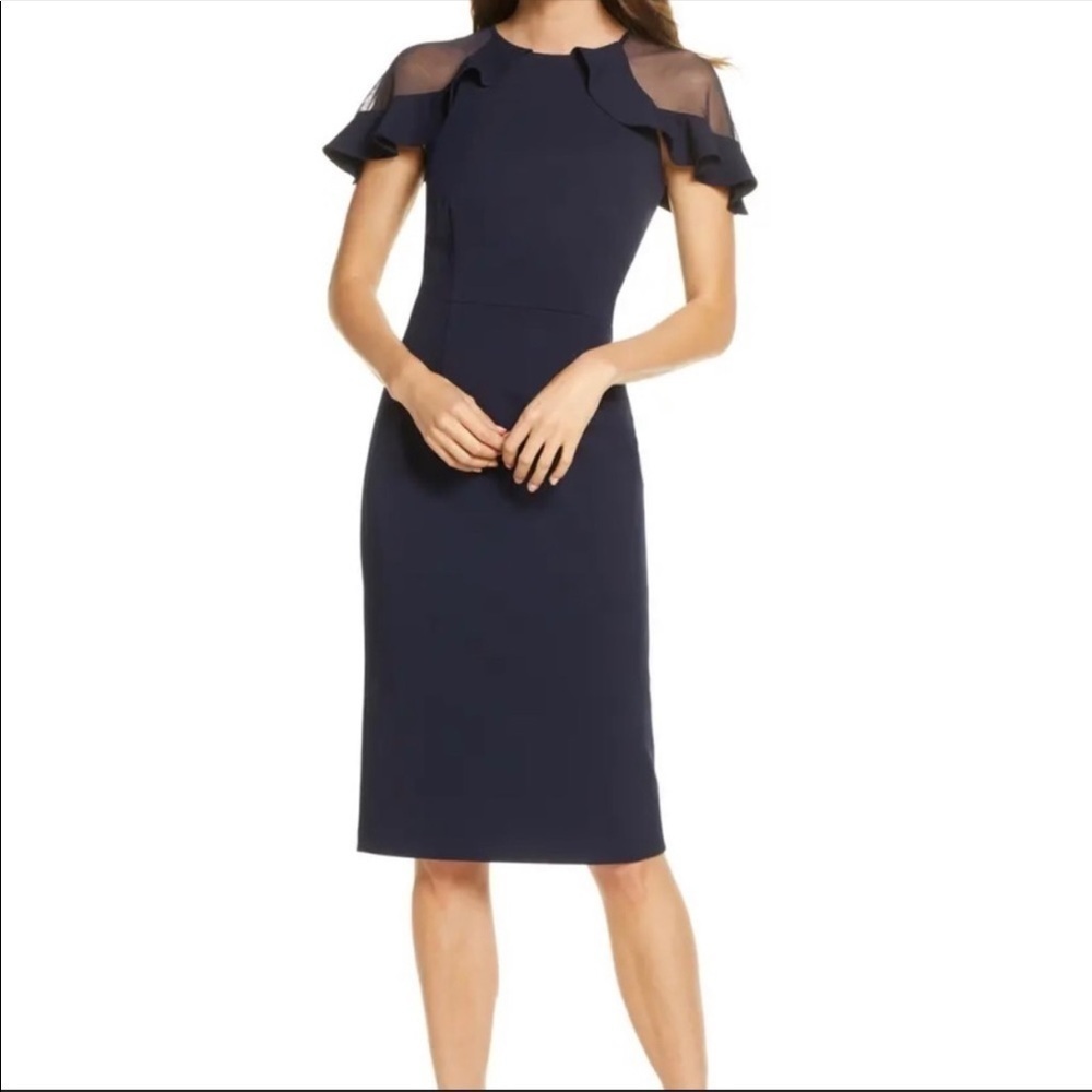 Eliza J Ruffle Shoulder Cocktail Dress Navy Scuba Crepe Wedding Evening Party
